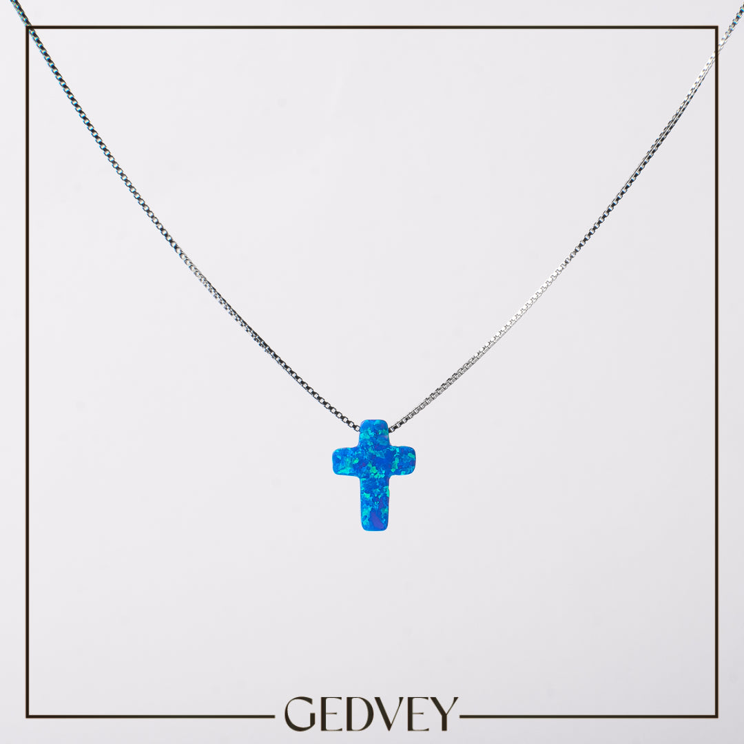 Christian Cross Opal Stone Necklace 925 Sterling Silver