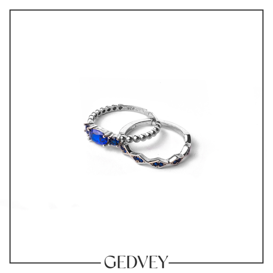 2 Free Size Rings Set With Blue Crystals 925 Silver