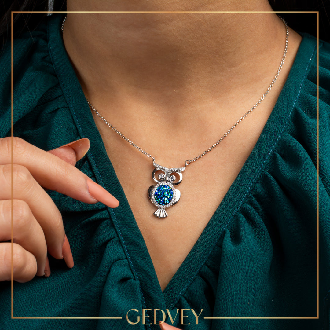 Owl Necklace With Smart Blue Crystal 925 Sterling Silver